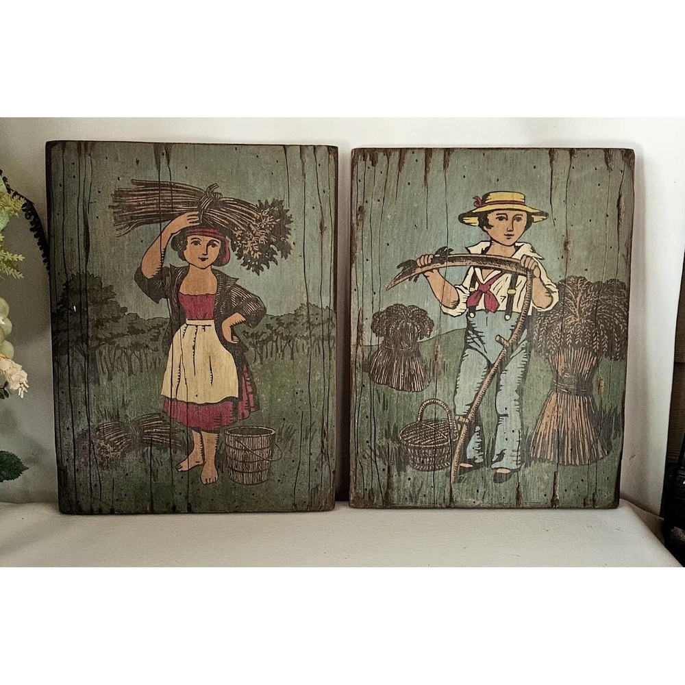 Primitive Painted Pine Worm Wood Panels Farm Boy n Girl Wheat Fields 15"x12"